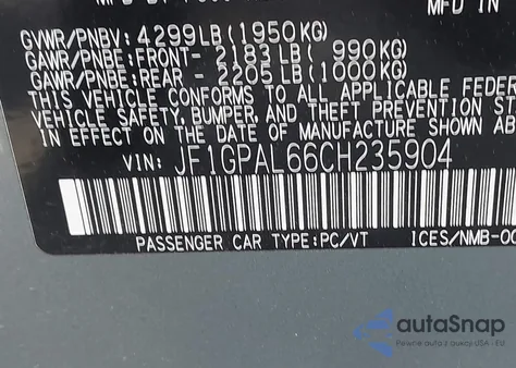 2012 Subaru Impreza 2.0I Sport Premium from USA, damaged, VIN JF1GPAL66CH235904